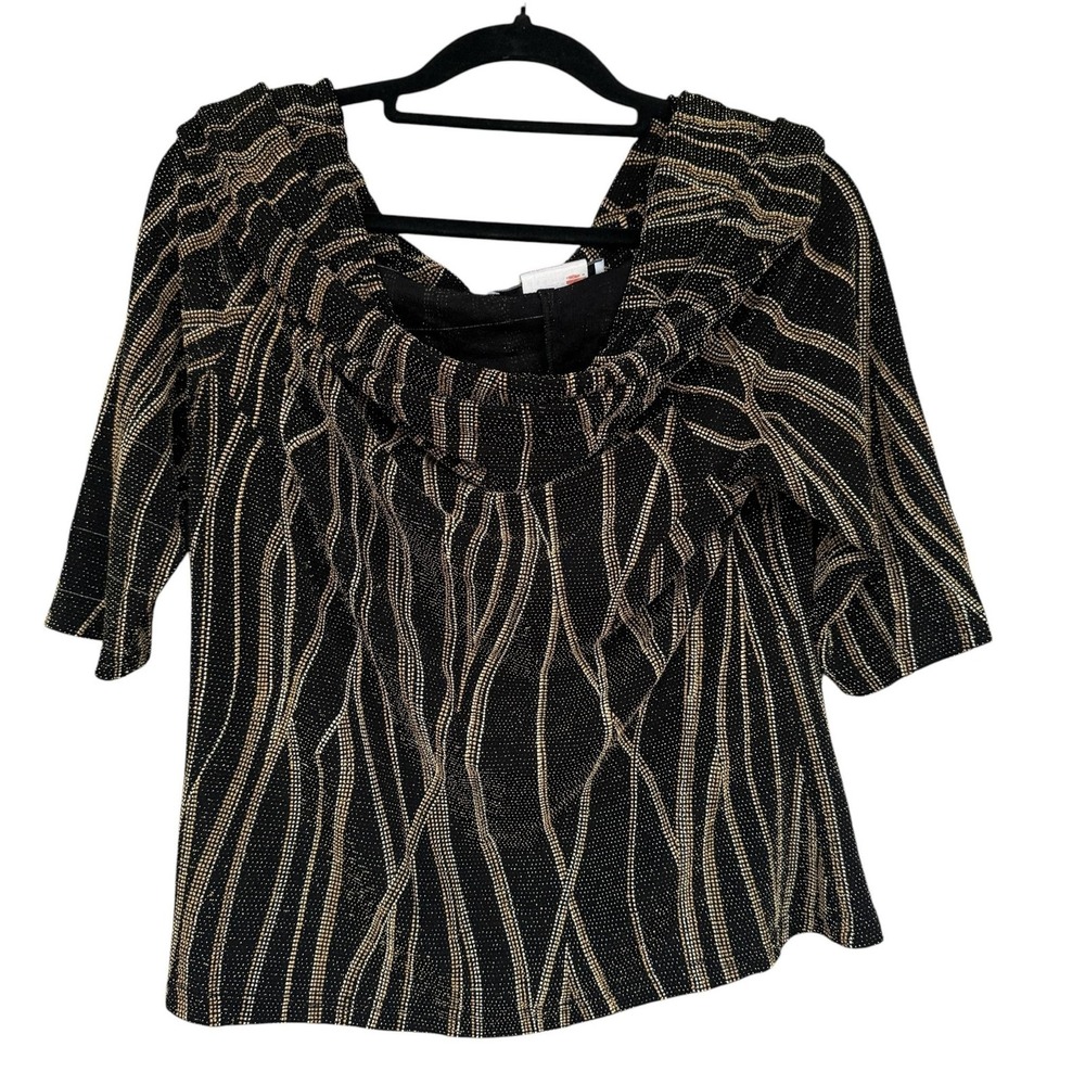 Vintage Ribkoff Blouse 12 Black Gold Metallic Stripe Cowl Neck 3/4 Sleeve Top